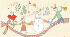 圣诞节丝带上手牵手的一家人和雪人