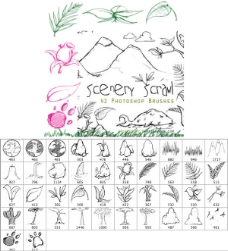 丛林主题 手绘鱼、草、云、岩石、瀑布、火山、仙人掌、脚印等PS笔刷样式